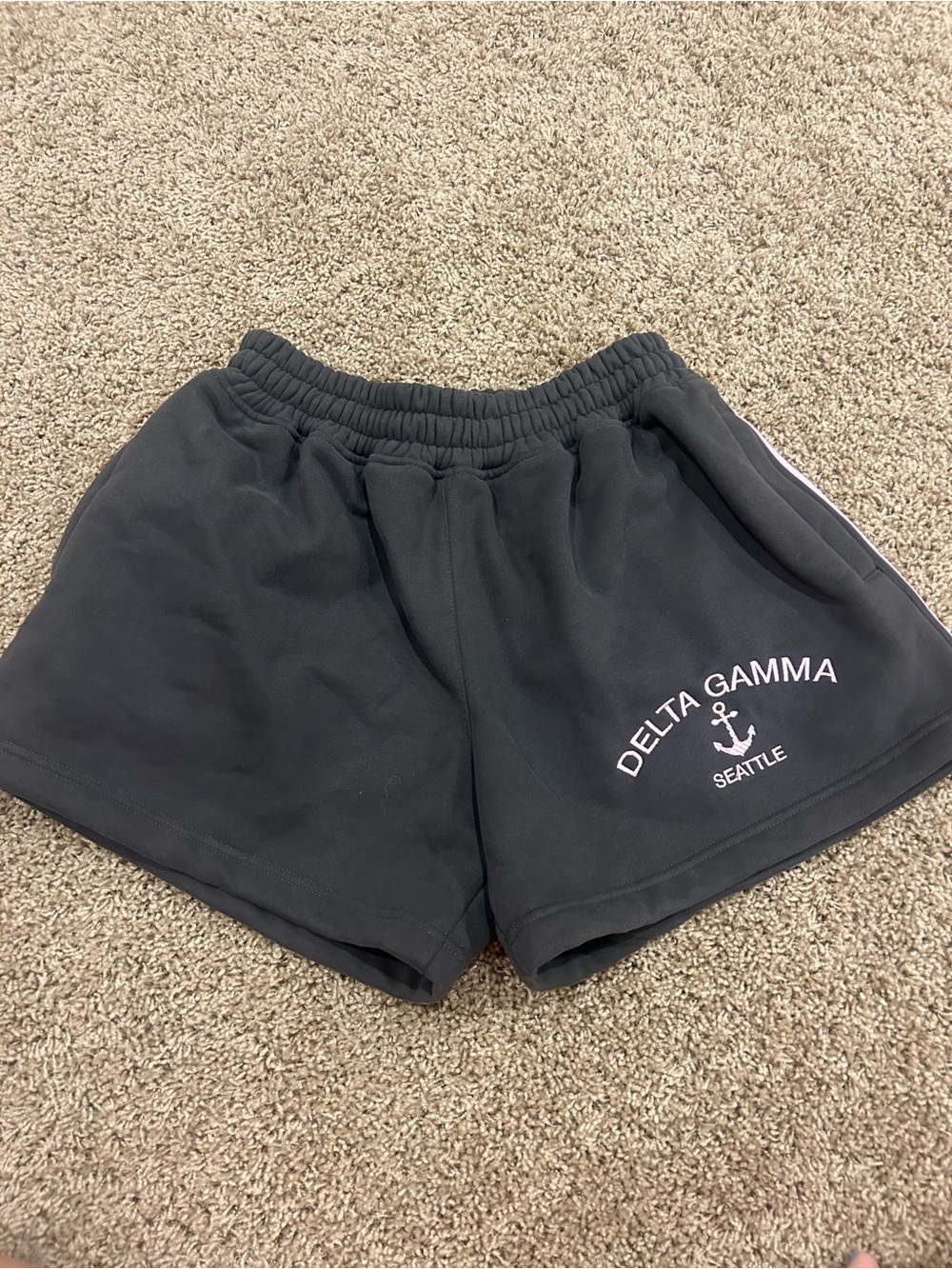 Grey shorts with sorority delta Gamma Logo